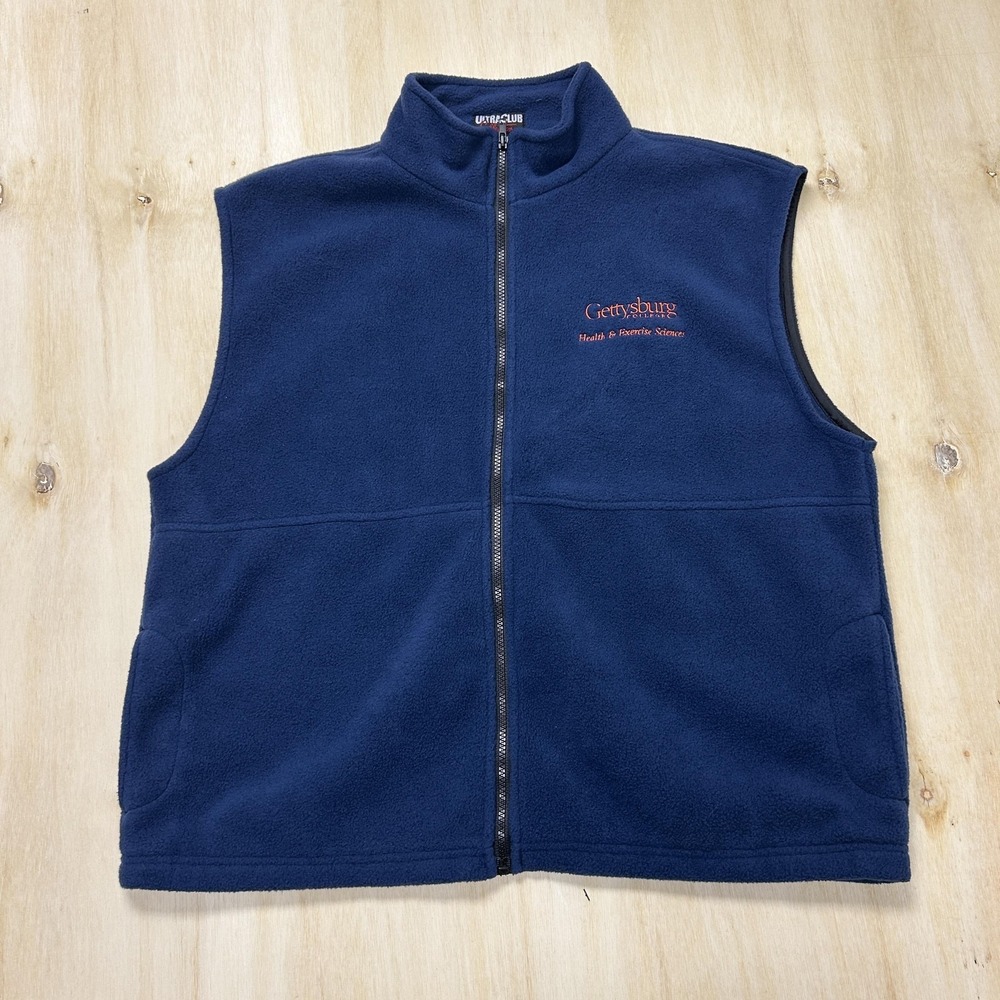 Vintage UltraClub Vest Mens Large Blue Fleece Zip Gettysburg College Embroidered